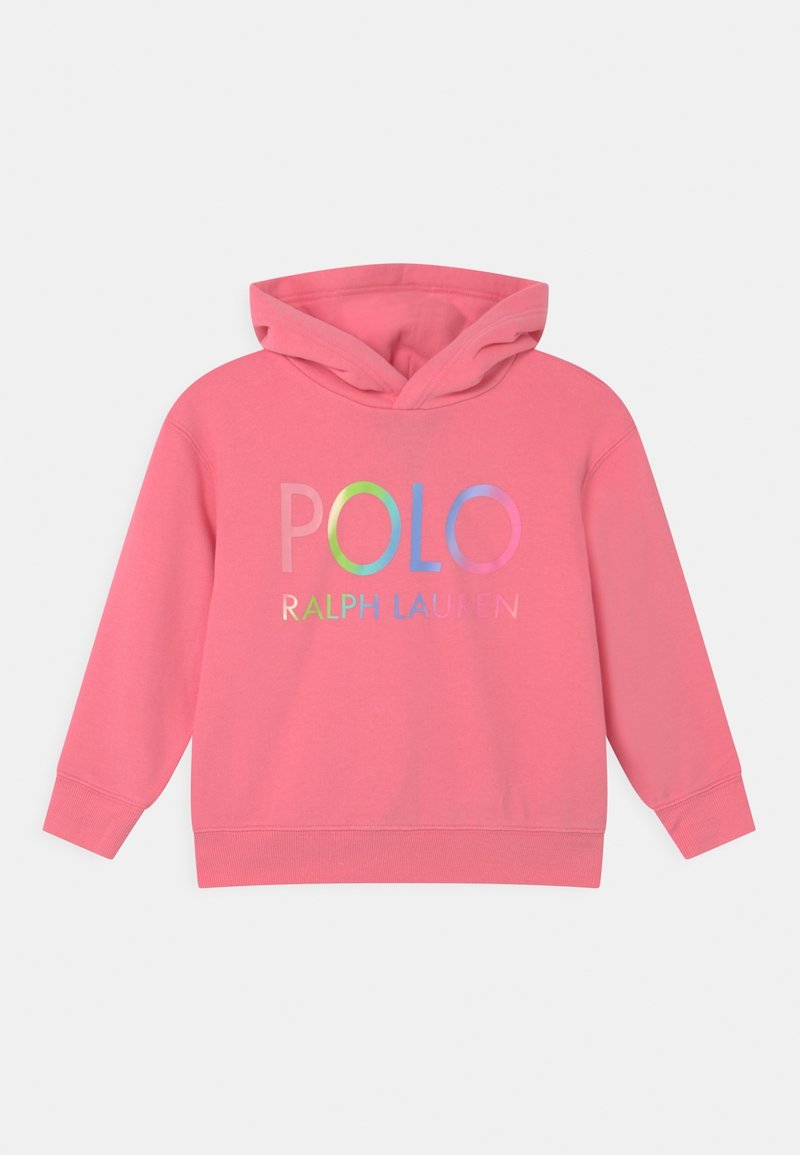 Sudadera rosa con el texto "POLO RALPH LAUREN" en colores del arcoíris en el pecho y un bolsillo frontal tipo canguro, mostrado sobre un fondo blanco.
