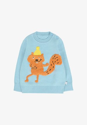 Lichtblauwe sweater met ronde hals, met een oranje eekhoornkarakter met een gele hoed, textuurapplicatie en twee schouderknopen.