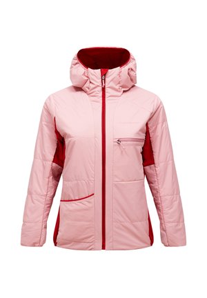 Roze en rode gewatteerde jas met capuchon, ritssluiting aan de voorkant, borstzak met rits en lage zijzakken, ontworpen voor koud weer.