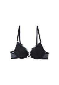 Reggiseno in pizzo nero con pannelli trasparenti, bordi a scallop e motivo floreale. Presenta spalline regolabili e chiusura con gancio e occhiello.