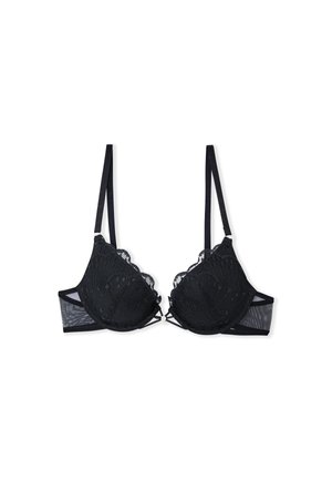 Reggiseno in pizzo nero con pannelli trasparenti, bordi a scallop e motivo floreale. Presenta spalline regolabili e chiusura con gancio e occhiello.