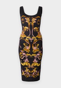 Mustra must-have mustra mustra mustra ruuduline mustra mustra mustra kelk, kaunistatud keerukate kollaste ja roosade lillemustritega eespool, sujuv tekstuur.