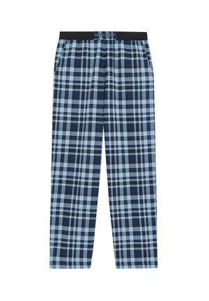 Blauwe en zwarte geruite pyjamabroek met een elastische tailleband. De stof is zacht en heeft een klassiek ruitpatroon door het hele broek.