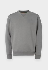 Grauer Pullover mit Rundhalsausschnitt, gerippten Bündchen und Saum. Verfügt über ein dezentes Logodetail auf der Brust und eine strukturierte Stoffoberfläche.