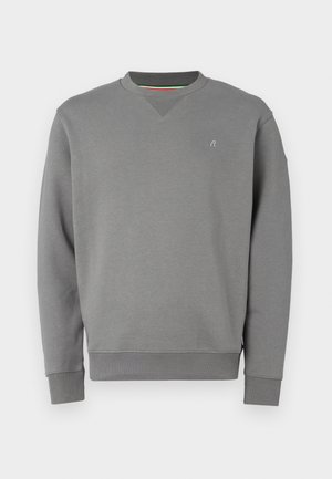 Felpa grigia con colletto a girocollo, polsini e orlo a coste. Presenta un dettaglio del logo discreto sul petto e una finitura in tessuto texturizzato.