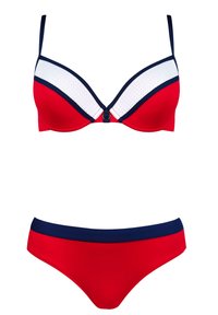 Czerwony zestaw bikini z wyprofilowanym stanikiem, z białą siateczkową wstawką i granatowymi akcentami, w zestawie z dopasowanymi czerwonymi majtkami z granatowym wykończeniem.