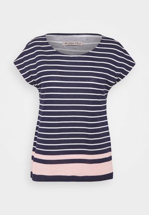 Marineblaues Kurzarmhemd mit weißen horizontalen Streifen und zwei hellrosa Streifen nahe dem Saum, rundem Ausschnitt, Anna Field-Label innen.