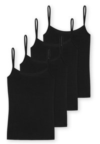 Vijf zwarte katoenen tanktops met dunne schouderbandjes, met een geribd patroon en rechte zomen, gestapeld.
