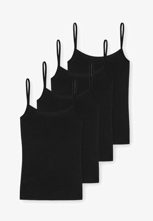 Fünf schwarze Baumwoll-Tanktops mit dünnen Trägern, die über eine gerippte Textur und gerade Säume verfügen, in einem Stapel angeordnet.