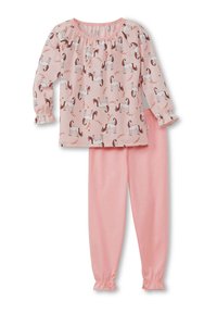 Pyjama-set met een lichtroze long-sleeve top met een eenhoornprint en bijpassende effen roze broek met elastische boorden. Gemaakt van zacht katoen.