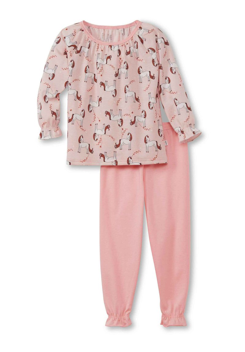 Pyjama-set met een lichtroze long-sleeve top met een eenhoornprint en bijpassende effen roze broek met elastische boorden. Gemaakt van zacht katoen.
