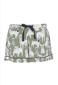 Groene katoenen shorts met een hondenpatroon in zwart en wit. Het ontwerp bevat verschillende hondenrassen, met een zwarte trekkoord en afwerking.