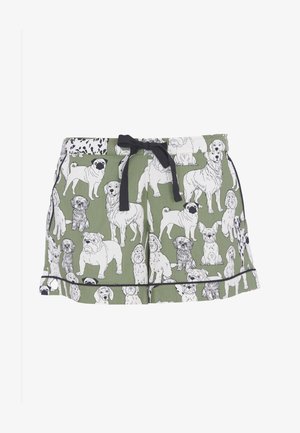 Green cotton shorts featuring a dog pattern in black and white. The design includes various dog breeds, with a black drawstring and trim.