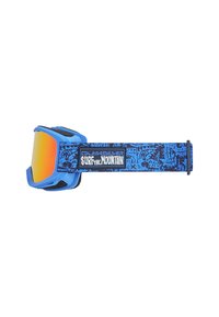 Blauwe skibril met een gespiegeld oranje lens, voorzien van een patroonband met het label "Quiksilver Surf the Mountain." Zacht padding op het frame.
