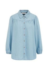 Hellblaues Denim-Hemd mit Knöpfen, klassischem Kragen, langen Ärmeln mit elastischen Bündchen und einer gerafften Passe an der Vorderseite.