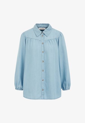 Svetlo modrá džínsová košeľa na gombíky s golierom, dlhými rukávmi s elastickými manžetami a so zberaným detailom na prednej strane.