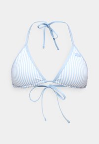 Τοπ μπικίνι με κάθετες ριγέ σε ανοιχτό μπλε και λευκό, σε σχήμα τρίγωνου, με halter λαιμόκοψη και κλείσιμο με δέσιμο στο πίσω μέρος, σε απλό φόντο.