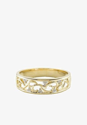 Kuldtooniline sõrmus, millel on keerukad lõigatud spiraalid ja kaunistatud väikeste selgete vääriskividega. Sile siseband parandab mugavust.