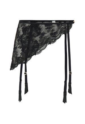 Schwarzer Spitzenstrumpfhalter mit floralen Stickereien, gewellten Kanten und verstellbaren Riemen mit Ribbons und goldfarbener Hardware.