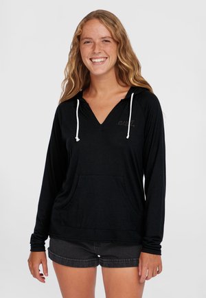 Schwarze Langarm-Hoodie mit V-Ausschnitt, Kordeln und einer vorderen Tasche. Verfügt über dezente Logo-Details und eine lockere Passform. Weicher Stoff.