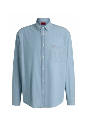 Light blue long-sleeve shirt in soft cotton. Features a button-up front, pointed collar, and a pocket with a small red logo detail.