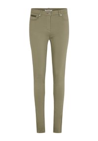 Olivgrüne Skinny Jeans mit mittelhohem Bund, Vordertasche und einem Reißverschlussakzent an der Seite für zusätzliche Details. Glatte Stofftextur.