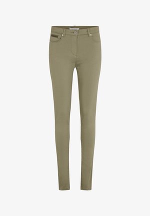 Olive green skinny jeans featuring a mid-rise waist, front pocket, and a zipper accent on the side for added detail. Smooth fabric texture.