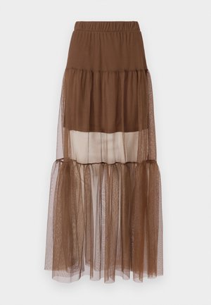 Brown tiered skirt with an elastic waistband, featuring a mix of opaque and sheer fabric layers, creating a soft, textured appearance.