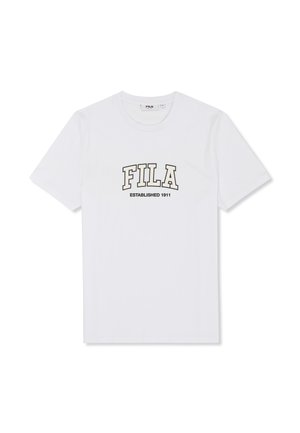 Weißes T-Shirt mit kurzen Ärmeln und Rundhalsausschnitt, mit "FILA"-Logo und der Aufschrift "ESTABLISHED 1911" auf der Vorderseite in der Mitte.