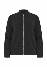 Czarna kurtka bomberka z kołnierzem stójkowym, z zamkiem błyskawicznym z przodu oraz elastycznymi mankietami. Tkanina wydaje się gładka z matowym wykończeniem.