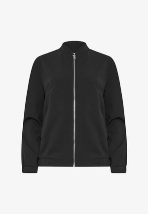 Czarna kurtka bomberka z kołnierzem stójkowym, z zamkiem błyskawicznym z przodu oraz elastycznymi mankietami. Tkanina wydaje się gładka z matowym wykończeniem.