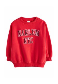 Rød sweatshirt med teksten "HARLEM NYC", ribbet krave og manchetter, løs pasform og blød tekstur. Elastisk nederste kant for en sikker pasform.