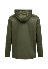 Felpa con cappuccio verde oliva, caratterizzata da una texture liscia, maniche lunghe e il nome del marchio "PeakPerformance" lungo il cappuccio.