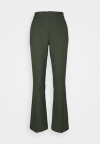 Pantalon taille haute vert foncé avec un léger évasement en bas, passants de ceinture et un devant lisse.
