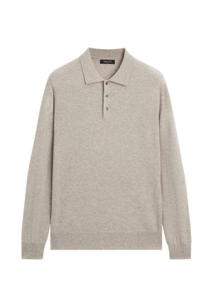 Lichtgrijs langwerpig polo-shirt gemaakt van zacht materiaal, met een klassieke kraag, een drie-knopen knoopsluiting en geribbelde boorden en zoom.