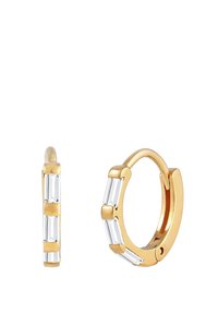 Boucles d'oreilles créoles en or avec des accents rectangulaires en cristal transparent, présentant une finition polie et une fermeture à charnière sécurisée.