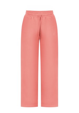 Koralowe, szerokie spodnie dresowe z elastycznym pasem i sznurkiem, zaprojektowane do codziennego noszenia.
