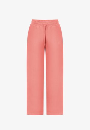Koralowe, szerokie spodnie dresowe z elastycznym pasem i sznurkiem, zaprojektowane do codziennego noszenia.