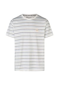 Pasiasta koszulka w białym i jasnoniebieskim kolorze, krótkie rękawy, okrągły dekolt, materiał bawełniany, z małą prostokątną metką na klatce piersiowej.