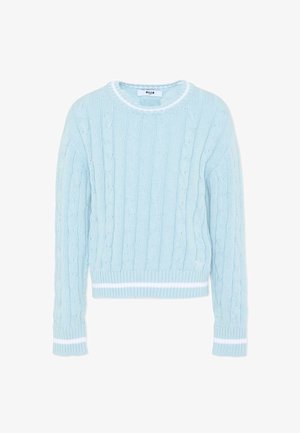 Pull en maille torsadée bleu clair à manches longues, avec des rayures blanches aux poignets, à l'ourlet et au col, et une étiquette de la marque MSGM à l'intérieur du col.
