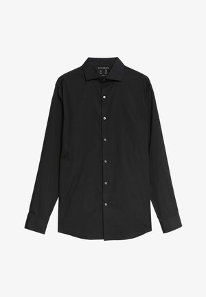 Chemise noire à manches longues et à boutons, fabriquée en tissu lisse. Elle possède un col pointu et : six boutons à l'avant, avec des poignets à boutons.