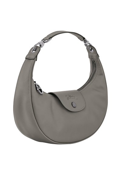 Hobo bag in soft, matte gray leather with a rounded shape, single shoulder strap, magnetic flap closure, and subtle embossed logo detail.