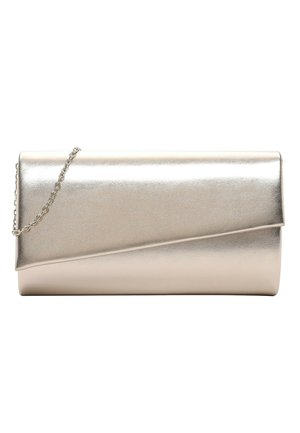 Rechteckige silberne Clutch aus Metall mit Klappverschluss und kurzem silbernem Kettenriemen, glatte und elegante Oberfläche.