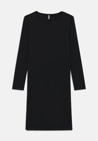 Μαύρο πλεκτό φόρεμα με ριγέ υφή, μακριά μανίκια, στρογγυλή λαιμόκοψη και ίσια κόψιμο στο τελείωμα με μικρές πλευρικές σχισμές.