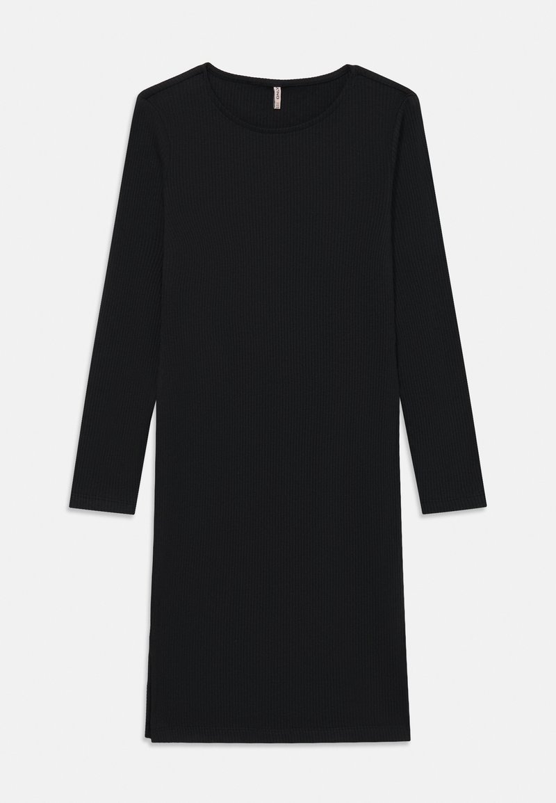 Μαύρο πλεκτό φόρεμα με ριγέ υφή, μακριά μανίκια, στρογγυλή λαιμόκοψη και ίσια κόψιμο στο τελείωμα με μικρές πλευρικές σχισμές.