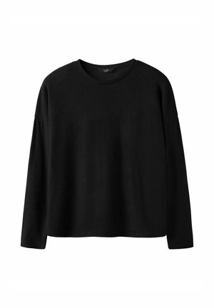 Schwarzer, langärmeliger Pullover aus weichem, strukturiertem Stoff. Verfügt über einen runden Ausschnitt und eine lässige Passform mit überschnittenen Schultern.