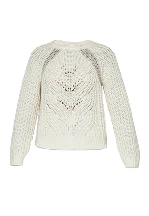 Cremfarbener gestrickter Pullover mit strukturierter Offene Maschen, das ein Blattmuster zeigt, sowie gerippten Bündchen und Saum, in einer kastigen Form.