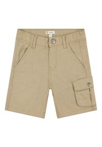 Pantaloni corti beige con fronte piatto, quattro tasche e una tasca cargo laterale con chiusura a scatto. Realizzati in un tessuto leggero e testurizzato.