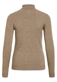 Pull encolure montant beige en tissu doux et texturé ; présente des manches longues et une silhouette ajustée avec des poignets et un ourlet côtelés.