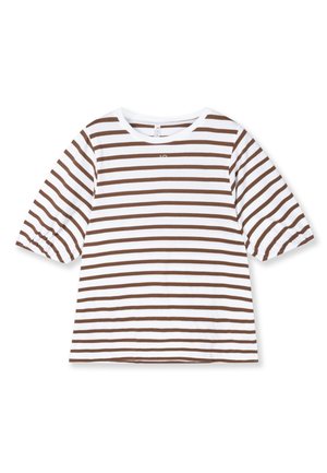 T-shirt a righe bianca e marrone, con maniche corte a sbuffo e scollo rotondo. Realizzata in tessuto morbido con una vestibilità comoda.
